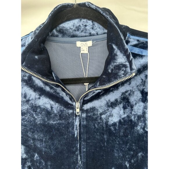 Women Blue Long Sleeve Crushed Velour Zip Up Jacket Hoodie Size Small - Picture 4 of 9